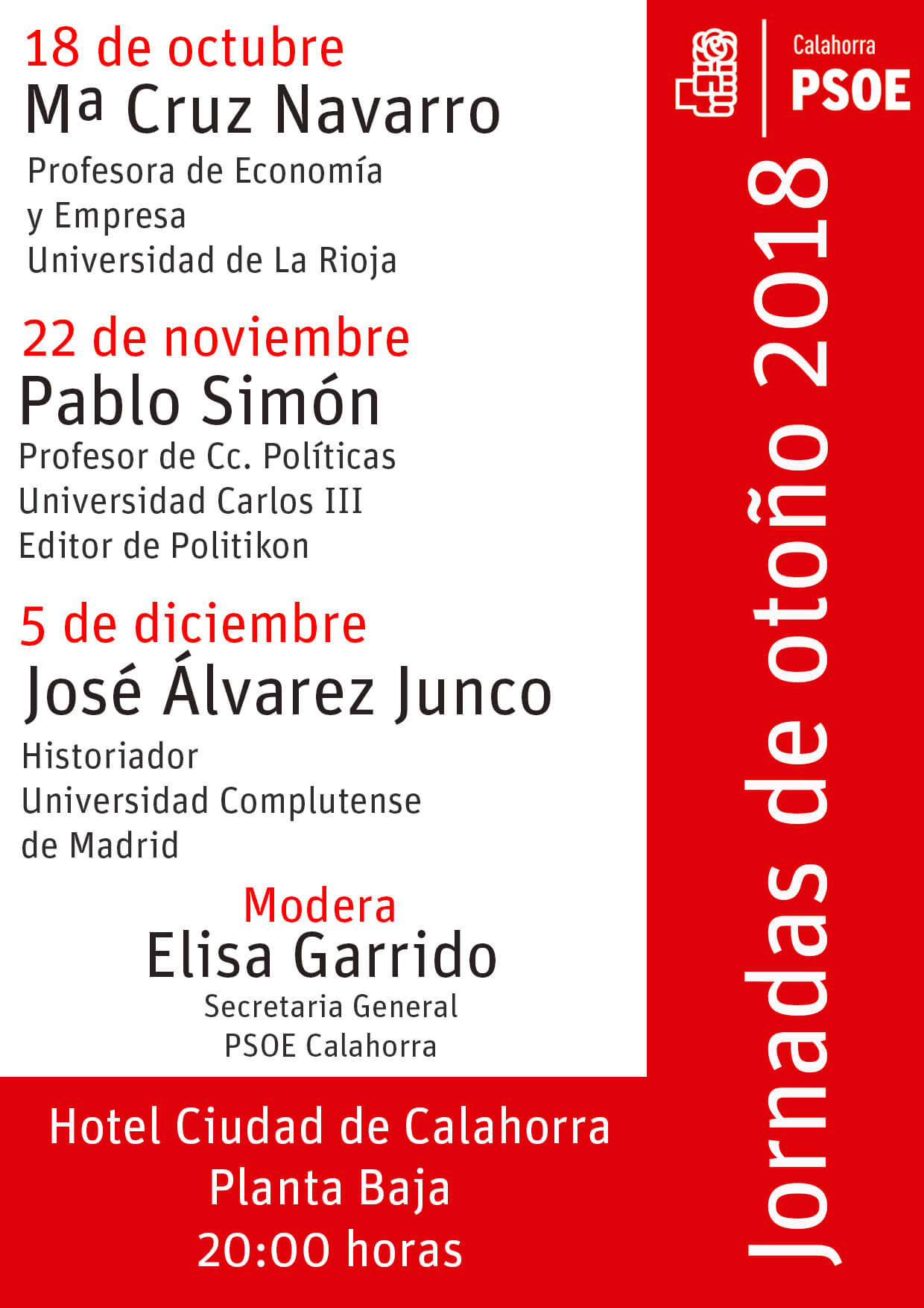 Lee más sobre el artículo La Agrupación Socialista de Calahorra organiza sus ‘Jornadas de Otoño’ con Mª Cruz Navarro, Pablo Simón y José Álvarez Junco
