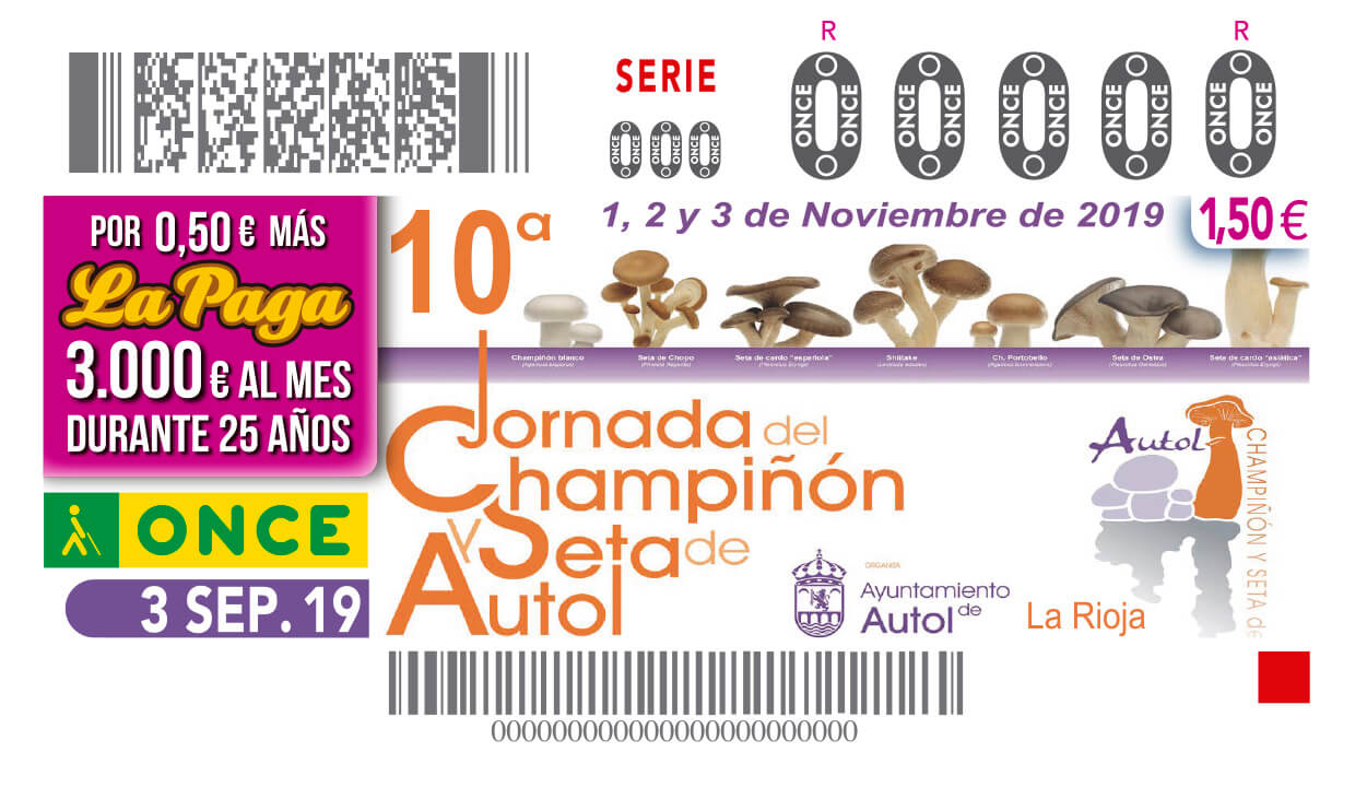 Lee más sobre el artículo La ONCE dedica su cupón de hoy martes 3 de septiembre a las X Jornadas del Champiñón y la Seta de Autol