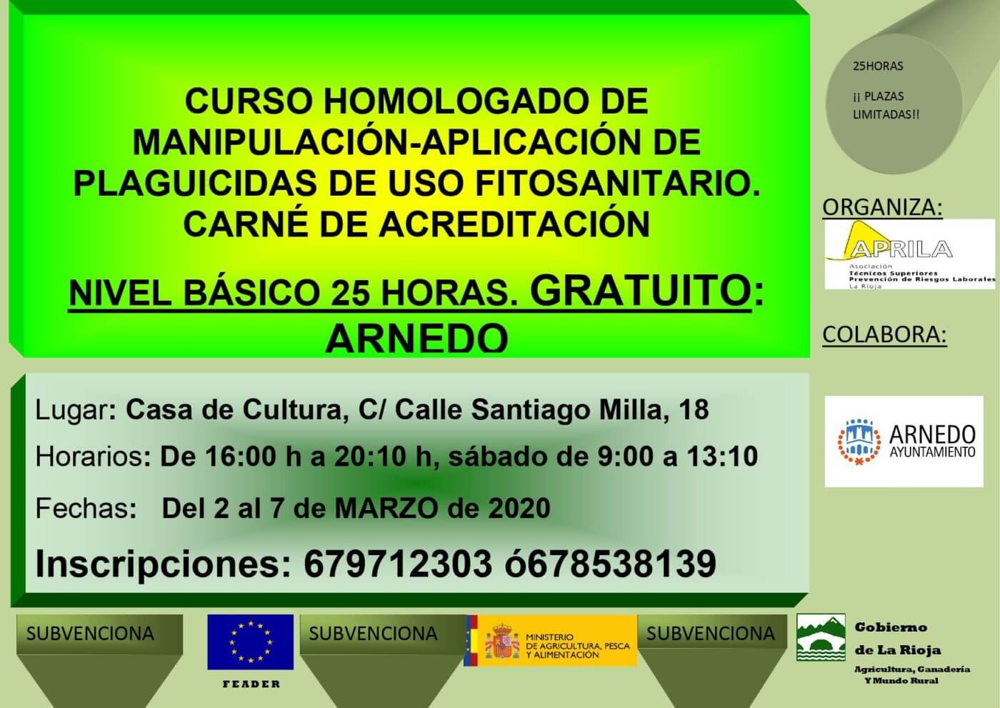 Lee más sobre el artículo Del 2 al 7 de marzo se impartirá un curso homologado de manipulación y aplicación de fitosanitarios