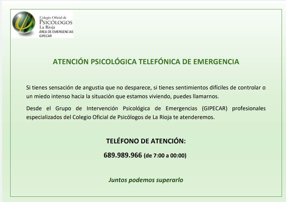 Lee más sobre el artículo Especialistas del Colegio Oficial de Psicólogos de La Rioja ofrecen atención psicológica telefónica