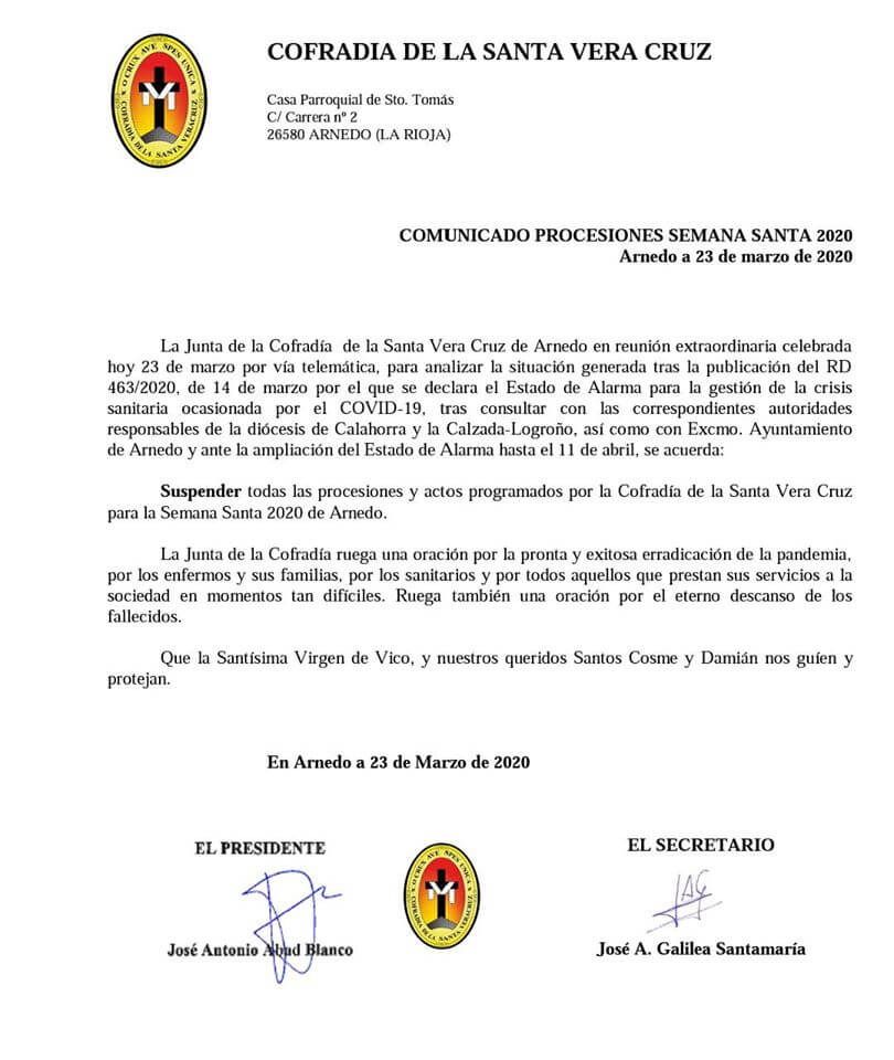 Lee más sobre el artículo La Cofradía de la Vera Cruz de Arnedo suspende todos los actos programados para la Semana Santa