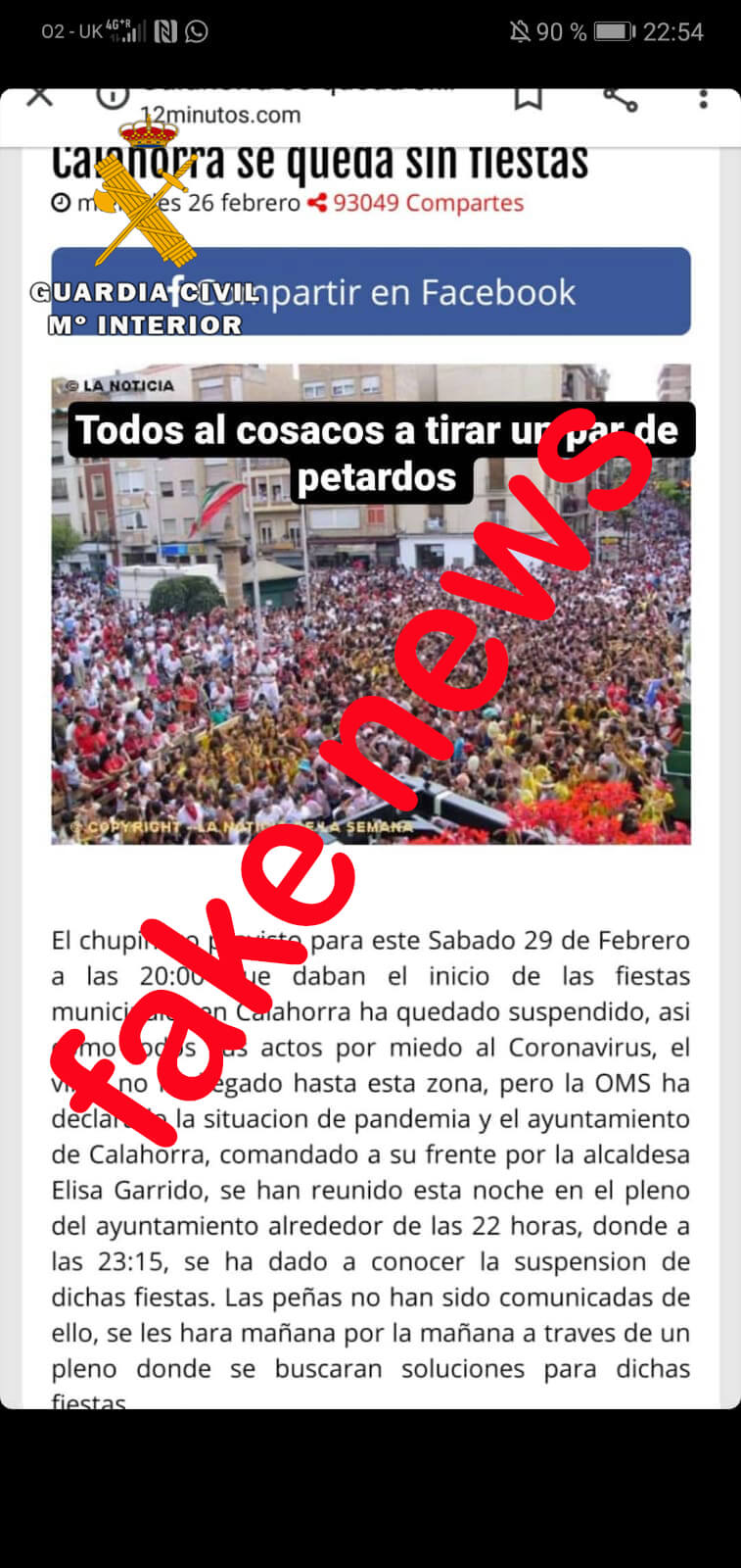 Lee más sobre el artículo La Guardia Civil identifica a un menor como autor de la noticia falsa sobre la suspensión del chupinazo de Calahorra