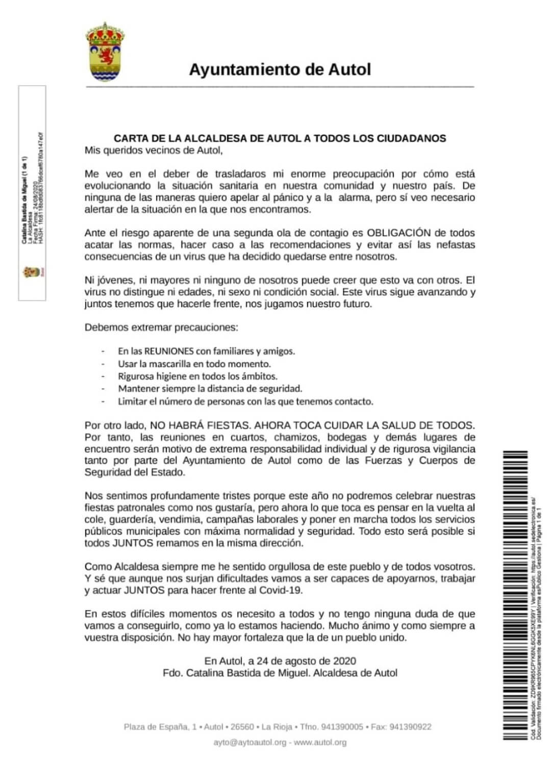 Lee más sobre el artículo La alcaldesa de Autol pide a sus vecinos que extremen las precauciones y acaten las normas frente a la Covid-19