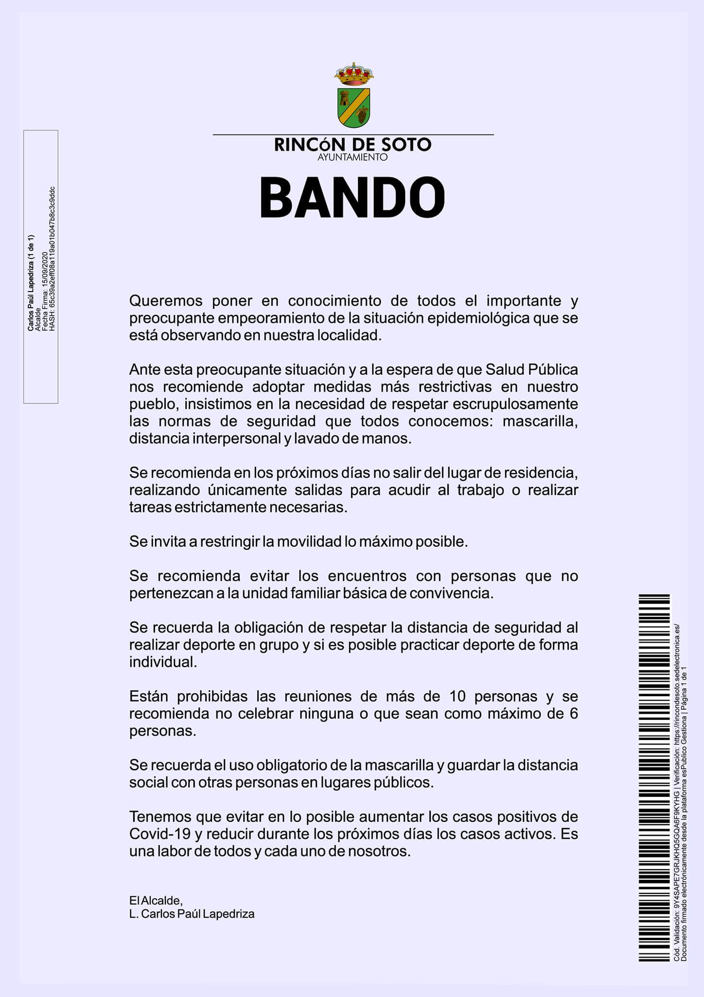 Lee más sobre el artículo El alcalde de Rincón de Soto recomienda a los vecinos restringir la movilidad lo máximo posible