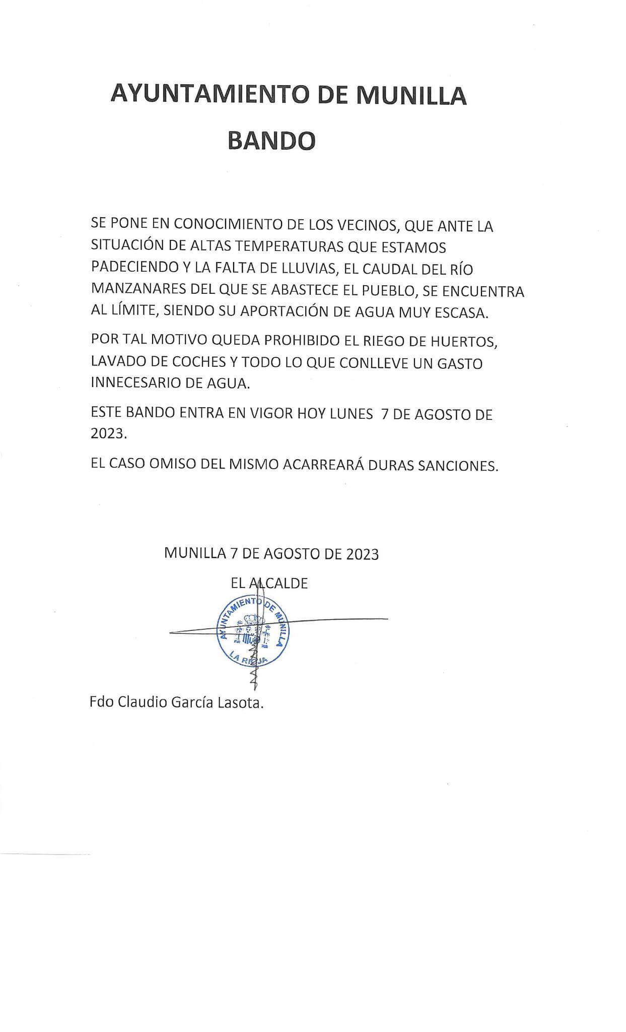 Lee más sobre el artículo El ayuntamiento de Munilla insta a sus vecinos a hacer un consumo responsable del agua y vuelve a pedir que se le incluya en el Abastecimiento Supramunicipal del Cidacos