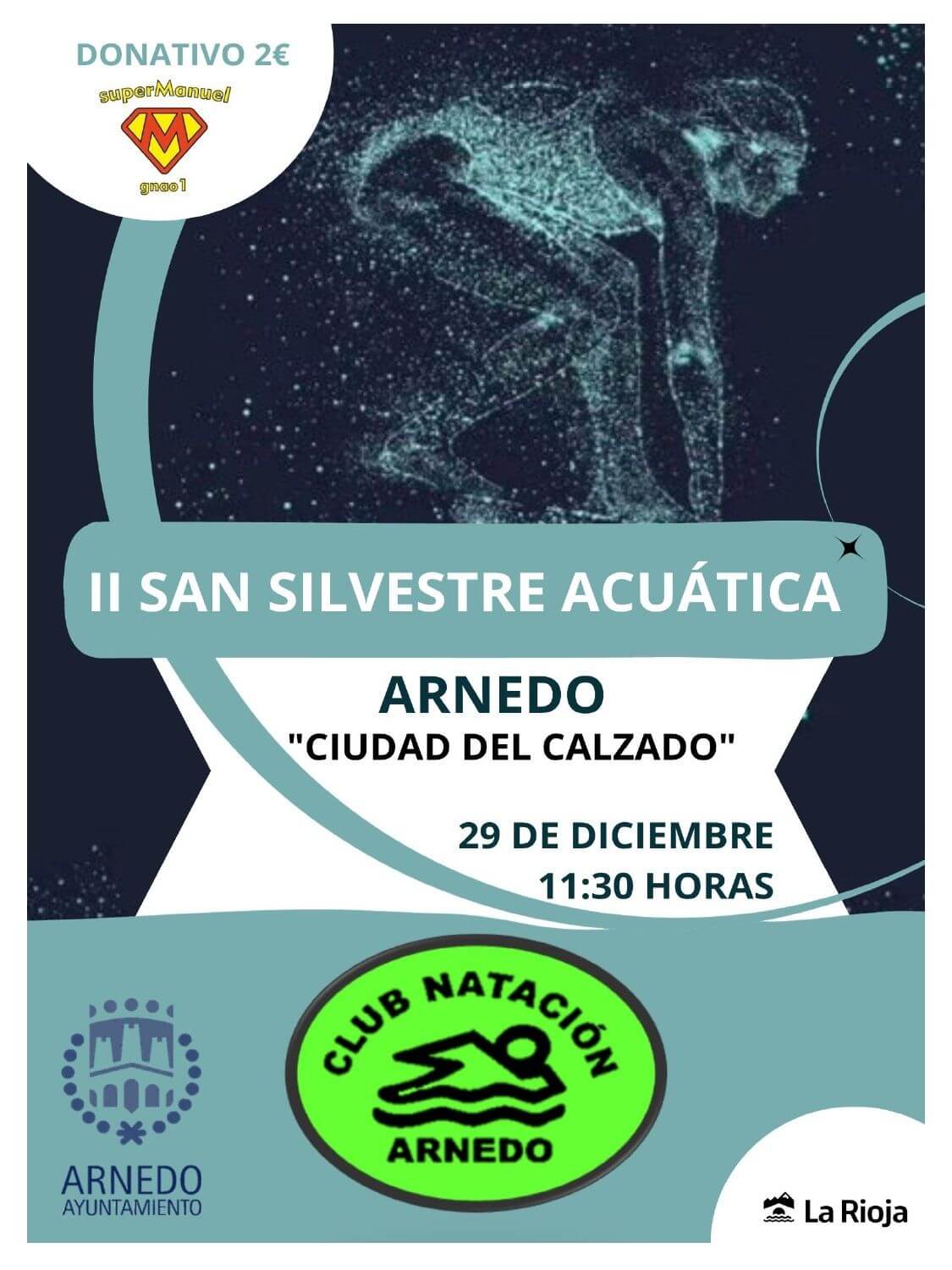 Lee más sobre el artículo El Club Natación Arnedo celebra este viernes 29 de diciembre su San Silvestre acuática a beneficio de Super Manuel