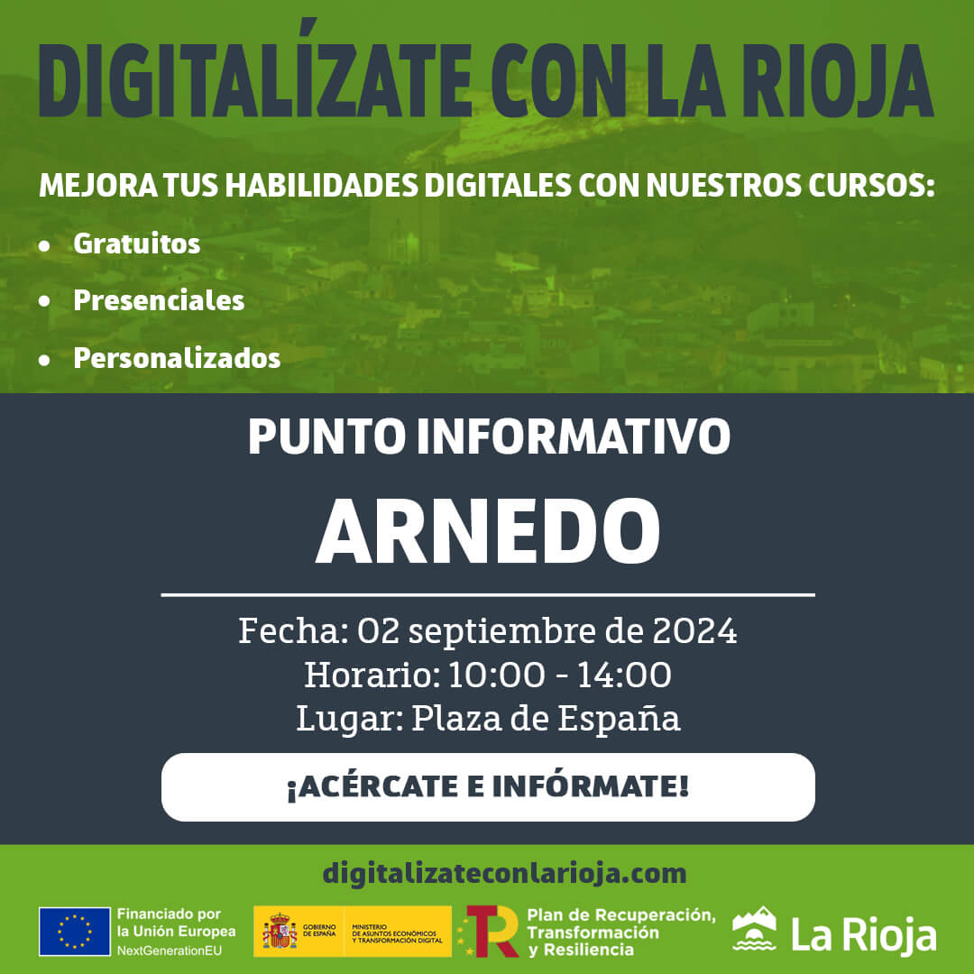 Lee más sobre el artículo Los puntos informativos de ‘Digitalízate con la Rioja’ llegan este lunes 2 de septiembre a Arnedo y el jueves 5 a Calahorra