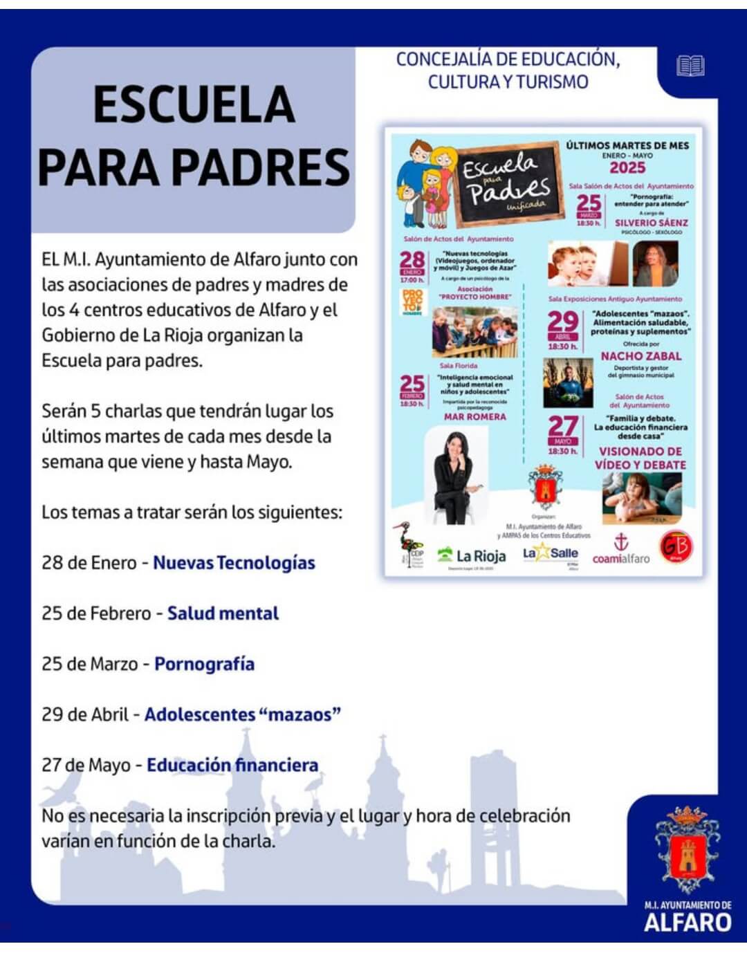 Lee más sobre el artículo El Ayuntamiento de Alfaro y las AMPAS de los cuatro centros educativos organizan una «Escuela para Padres» con cinco charlas entre enero y mayo